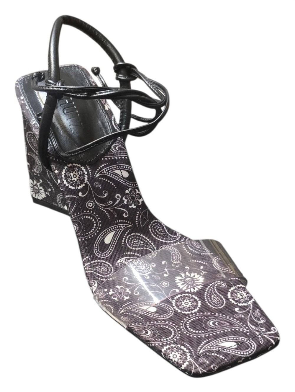 Schutz Keila Paisley Print Clear Vinyl Strappy Wedge Heels Size 8.5B NIB